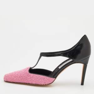 Pre Owned Manolo Blahnik Pink/Black Tweed and Leather Pointed Toe Pumps Size 41