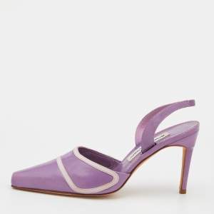 Pre Owned Manolo Blahnik Purple Leather Pointed Toe Slingback Pumps Size 37.5