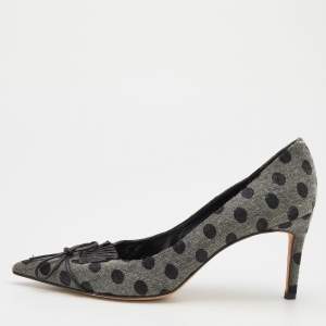 Manolo Blahnik Grey/Black Polka Dot Denim and Leather Pointed Toe Pumps Size 40.5