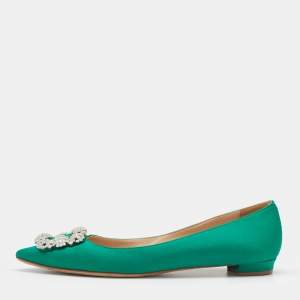 Pre Owned Manolo Blahnik Green Satin Hangisi Embellished Ballet Flats Size 39.5