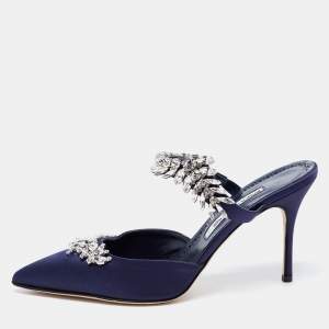 Manolo Blahnik Blue Satin Lurum Sandals Size 41
