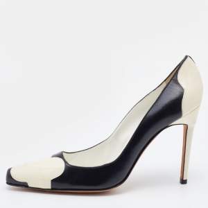 Pre Owned Manolo Blahnik Black/White Patent and Leather Square Toe Pumps Size 40.5