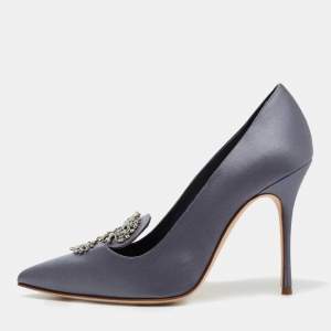 Pre Owned Manolo Blahnik Grey Satin Embellishment Pointed Toe Pumps Size 37
