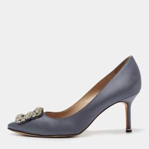 Pre Owned Manolo Blahnik Grey Satin Hangisi Embellished Pumps Size 38.5