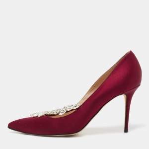 Pre Owned Manolo Blahnik Burgundy Satin Nadira Pumps Size 37.5