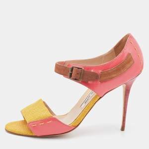 Pre Owned Manolo Blahnik Multicolor Leather/Fabric and Suede Ankle Strap Sandals Size 38.5