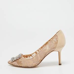 Pre Owned Manolo Blahnik Beige Lace Hangisi  Pumps Size 38.5