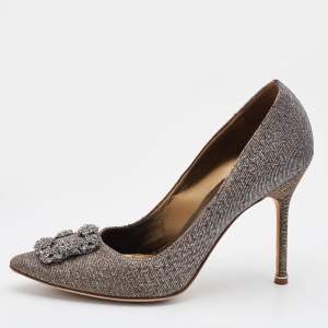 Manolo Blahnik Metallic Bronze/Silver Lurex Fabric and Glitter Hangisi Pumps Size 40