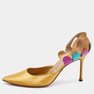 Pre Owned Manolo Blahnik Multicolor Satin and Iguana Leather D'orsay Pointed Toe Pumps Size 41