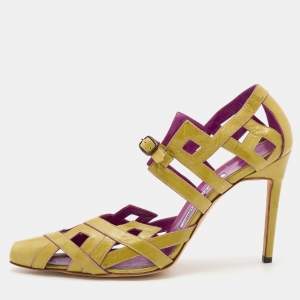 Pre Owned Manolo Blahnik Yellow Leather Cut Out Pumps Size 40
