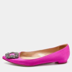 Pre Owned Manolo Blahnik Pink Satin Hangisi Crystal Embellished Ballet Flats Size 37.5