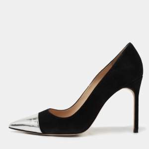 Pre Owned Manolo Blahnik Black/Silver Suede and Leather Cap Toe Pumps Size 41