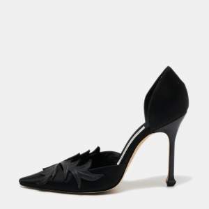 Manolo Blahnik Black Satin Embroidered Pointed Toe Pumps Size 40