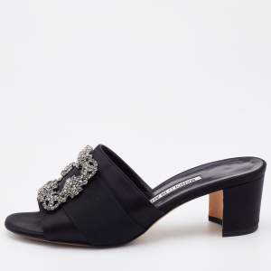 Manolo Blahnik Black Satin Martamod Crystal Embellished Mules Size 37