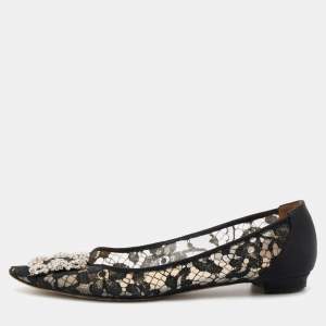 Pre Owned Manolo Blahnik Black Lace and Satin Hangisi Crystal Embellished Ballet Flats Size 39.5