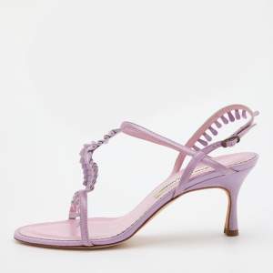 Pre Owned Manolo Blahnik Lilac Leather and Suede T Strap Sandals Size 39.5