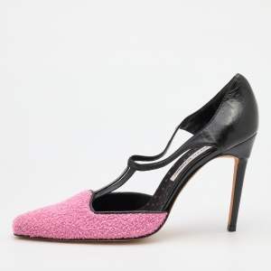 Pre Owned Manolo Blahnik Pink/Black Tweed and Leather T-Bar Square Toe Pumps Size 41