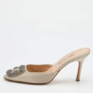 Manolo Blahnik Grey Satin Hangisi Crystal Embellished Mules Size 37