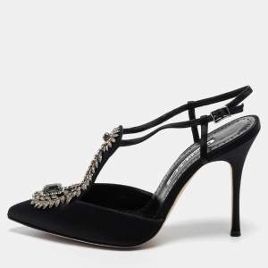 Pre Owned Manolo Blahnik Black Satin Crystal Embellished Jamala Ankle Strap  Pumps Size 38
