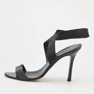 Pre Owned Manolo Blahnik Black Snakeskin and Elastic Ankle Strap Sandals Size 38.5