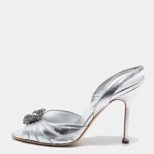 Manolo Blahnik Silver Leather Cassia Slingback Sandals Size 38