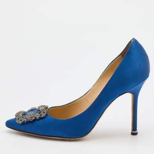 Pre Owned Manolo Blahnik Blue Satin Hangisi Pumps Size 38