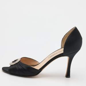 Pre Owned Manolo Blahnik Black Satin Crystal Embellished Sedaraby D'Orsay Open Toe Pumps Size 38.5
