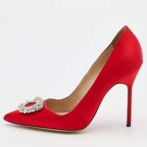 Pre Owned Manolo Blahnik Red Satin Pointed Toe Crystal Embellished Pumps Size 37.5
