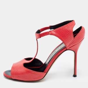 Pre Owned Manolo Blahnik Coral Red Lizard T Strap Sandals Size 35