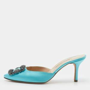 Manolo Blahnik Blue Satin Hangisi Mules Size 38.5