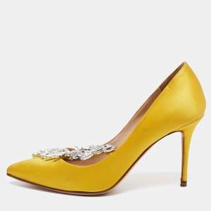 Manolo Blahnik Yellow Satin Embellished Nadira Pumps Size 35