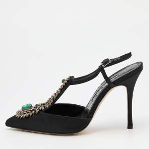 Pre Owned Manolo Blahnik Black Satin Crystal Embellished Jamala Pumps Size 37