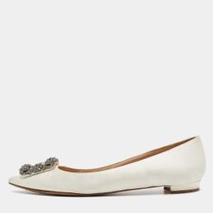 Pre Owned Manolo Blahnik Off-White Satin Hangisi Ballet Flats Size 37.5