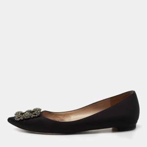 Pre Owned Manolo Blahnik Black Satin Hangisi  Flats Size 37.5