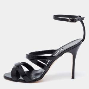 Pre Owned Manolo Blahnik Black Patent Leather Cross Strap Open Toe Sandals Size 38.5