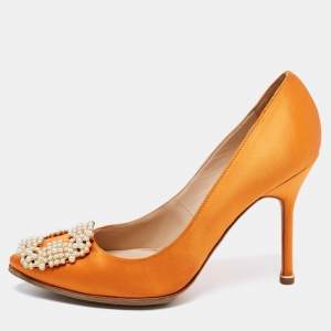 Pre Owned Manolo Blahnik Orange Satin Hangisi Pumps Size 36.5