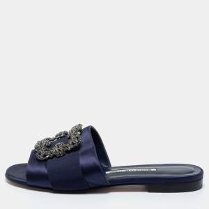 Manolo Blahnik Navy Blue Satin  Martamod  Flat Sandals Size 38