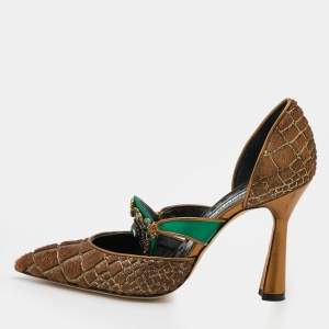 Pre Owned Manolo Blahnik Brown Calf Hair and Leather Embellished Pumps Size 38