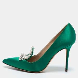 Pre Owned Manolo Blahnik Green Satin Borlak Pumps Size 37.5