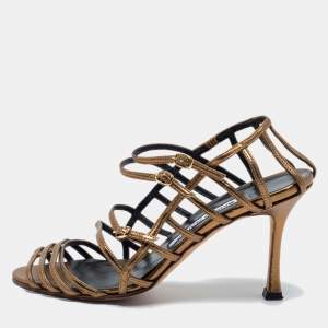 Pre Owned Manolo Blahnik Metallic Leather Strappy Sandals Size 37