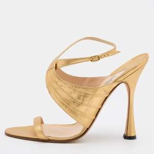 Pre Owned Manolo Blahnik Gold Leather Ankle Strap Sandals Size 41