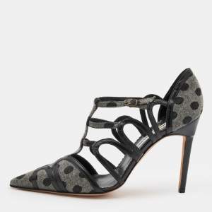 Pre Owned Manolo Blahnik Grey/Black Polka Dot Canvas and Leather Strappy Sandals Size 40.5