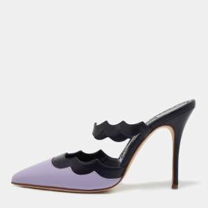 Pre Owned Manolo Blahnik Navy Blue/Purple Scalloped Leather Gimenta Mules Size 37