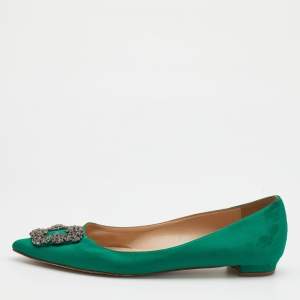 Pre Owned Manolo Blahnik Green Satin Hangisi Ballet Flats Size 39.5