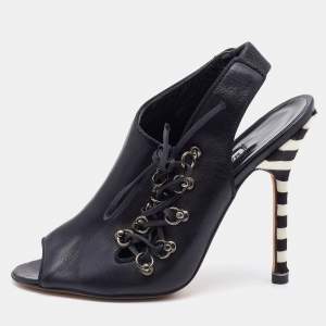 Pre Owned Manolo Blahnik Black Leather Lace Slingback Sandals Size 37