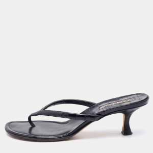 Pre Owned Manolo Blahnik Black Crocodile Leather Thong Sandals Size 37