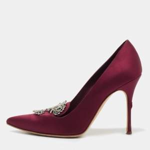 Pre Owned Manolo Blahnik Burgundy Satin Crystal Embellished Pumps Size 38