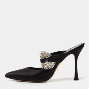 Manolo Blahnik Black Satin Maidugur Pointed Toe Mules Size 39
