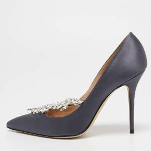 Pre Owned Manolo Blahnik Grey Satin Nadira Pumps Size 38