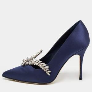 Pre Owned Manolo Blahnik Navy Blue Satin Shufti Pumps Size 38